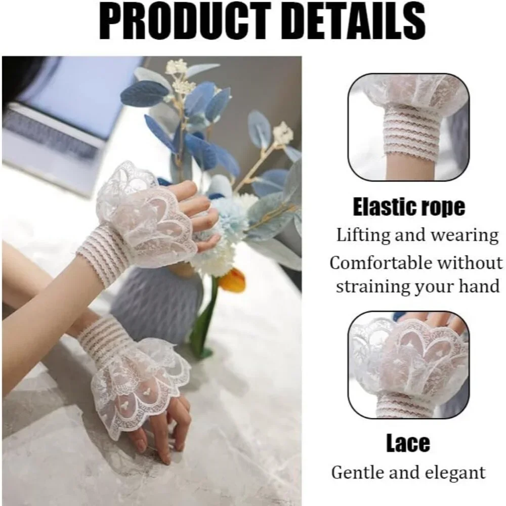 Women's White Detachable Floral Cuff Short Hand Sleeve Fingerless Ruffled Gloves